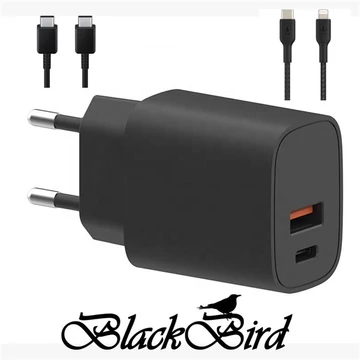 BLACKBIRD Hálózati Adapter T131 25W + Type-C + Lightning kábel 1m, Fekete