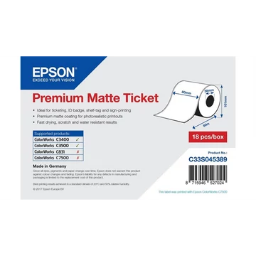 EPSON Premium Matte Ticket Roll, 80mm x 50m
