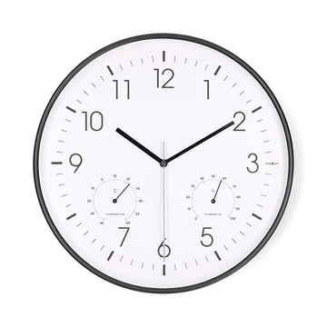 Nedis CLWA4226BK falióra, 30 cm átmérő,  műanyag, csendes szerkezet: óra, hőmérő, páratartamom mérő