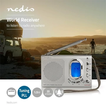 Nedis RDWR1000GY hordozható AM / FM / SW 1-7 sáv rádió, Fejhallgató kimenet, Ébresztőóra