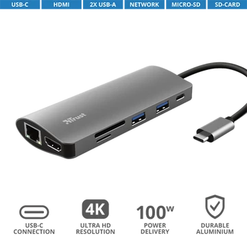 TRUST Hétfunkciós USB-C többportos adapter 23775 (Dalyx 7-in-1 USB-C Multiport Adapter)