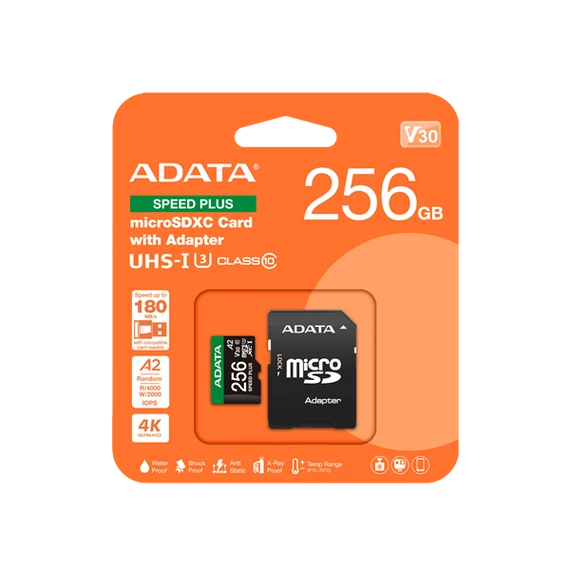 ADATA Memóriakártya MicroSDXC 256GB + Adapter SPEED PLUS UHS-I U3 (180/160)
