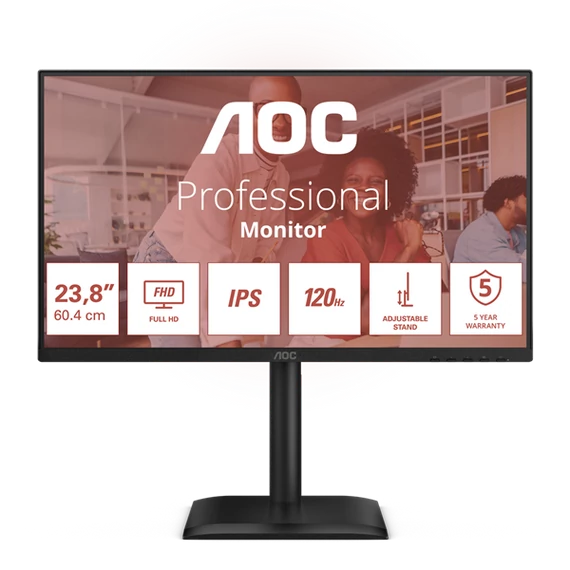 AOC IPS monitor 23,8" 24E4U 1920x1080,16:9, 300cd/m2, 4ms, VGA/HDMI/DisplayPort/4xUSB, hangszóró, 120 Hz, áll.mag.,pivot