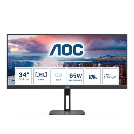 AOC VA monitor 34" U34V5C/BK, 3440x1440, 21:9, 300cd/m2, 1ms, HDMI/DisplayPort/USB-C/4xUSB, hangszóró