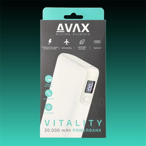 AVAX Powerbank USB-C 65W+QC 18W 20000mAh, fehér