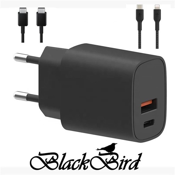 BLACKBIRD Hálózati Adapter T131 25W + Type-C + Lightning kábel 1m, Fekete