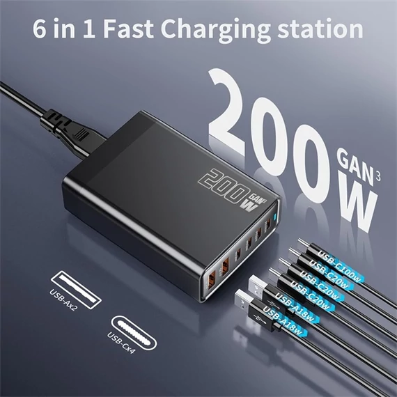 BLACKBIRD Hálózati Töltő Hordozható GAN 200W 4xUSB-C PD + 4xUSB QC, Fekete