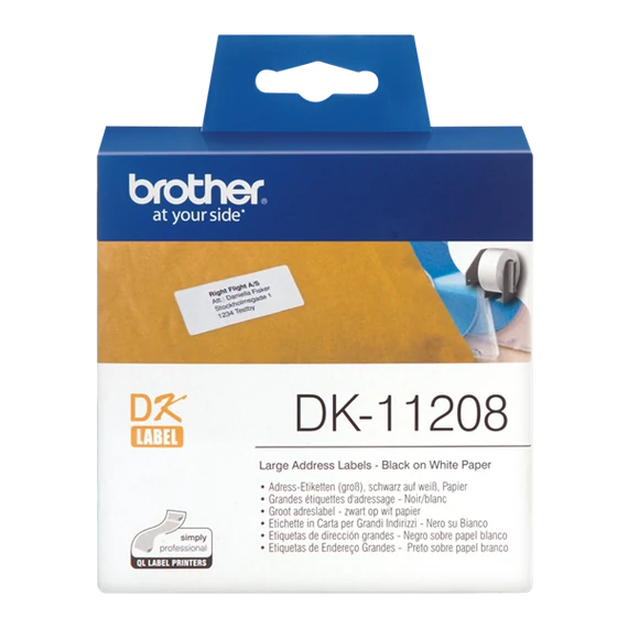 BROTHER Etikett címke DK-11208, 38mm x 90mm, Elővágott (stancolt), Fehér alapon fekete, 400 db