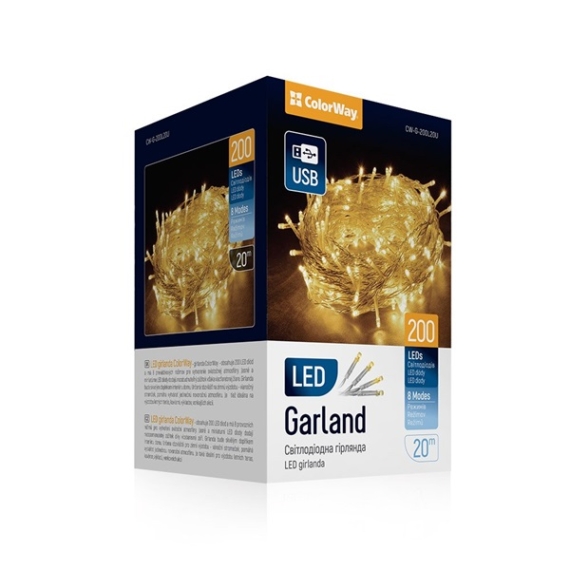 COLORWAY LED szalag, LED garland ColorWay LED 200, 20M (8 functions) warm color USB