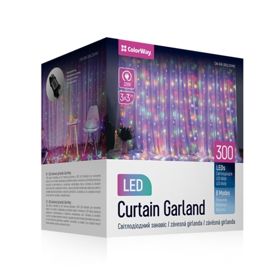 COLORWAY LED szalag, LED garland ColorWay curtain (curtain) 3x3m 300LED 220V multi-colored