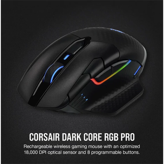CORSAIR Vezetékes/Vezeték Nélküli Egér Gaming, DARK CORE RGB PRO, 8 programozható gomb, RGB, 18000dpi, fekete