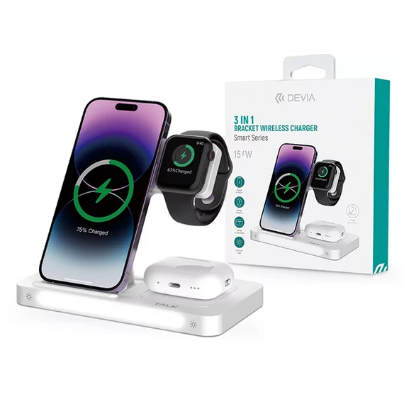 DEVIA QI UNIVERZÁLIS VEZETÉK NÉLKÜLI TÖLTŐ ÁLLOMÁS - 15W - 3in1: SMARTPHONE + IWATCH + AIRPODS - FEHÉR