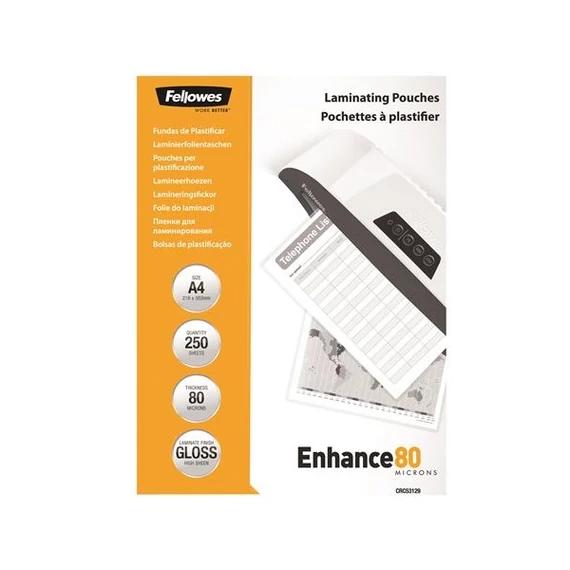 FELLOWES Meleglamináló fólia, 80 mikron, A4, fényes, 250 db,