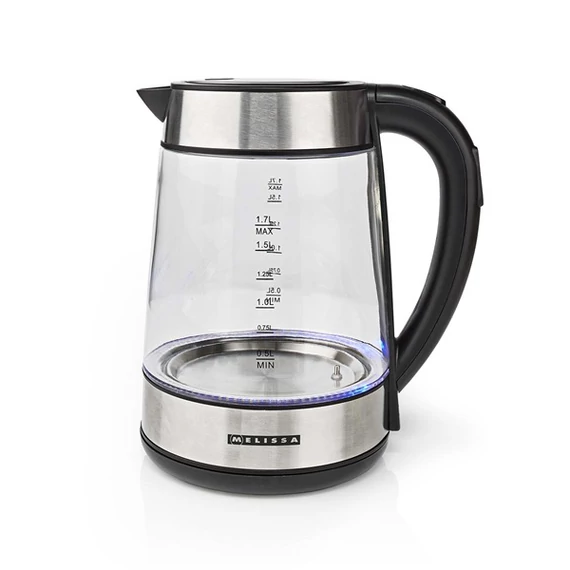 MELISSA 2200W,  1,7 l üveg vízforraló, változtatható hőmérséklet 60, 70, 80, 90, 100 °C, hőmérsékletjelző
