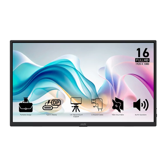 MSI Monitor Business PRO MP165 E6, 15,6" FHD 1920x1080, IPS, 250 cd/m2, 16:9, 60 Hz, 4ms, 2x USB-C, miniHDMI, Black