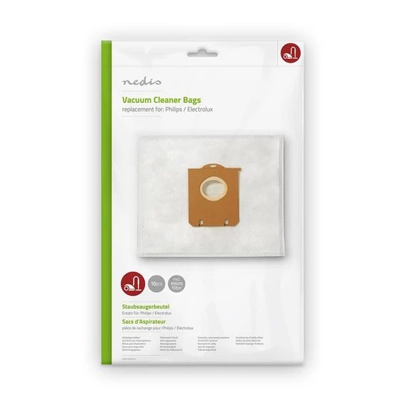 Nedis DUBG120AEP10  porzsák Philips és Electrolux porszívókhoz, 10 db, 5 rétegű szűrő, 1 db mikroszűrő, önzáró