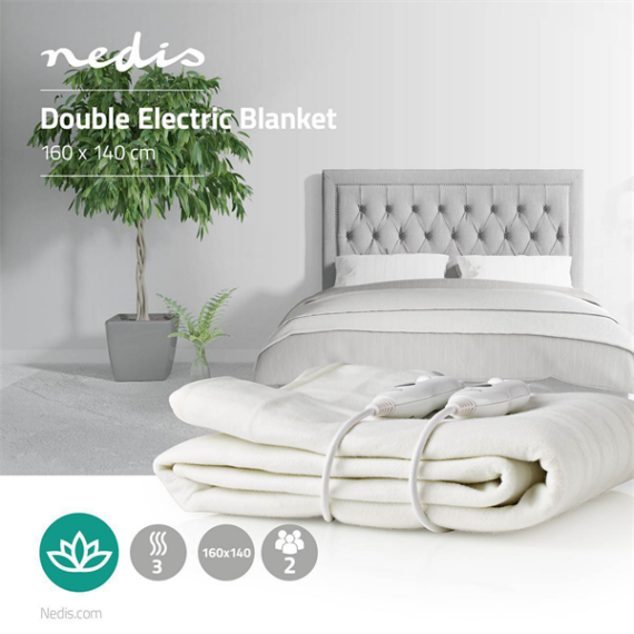 NEDIS PEBL110CWT2 elektromos fűthető takaró, 2 személyes, 160 cm x 140 cm, 100% poliészter, 3 hőmérséklet fokozat