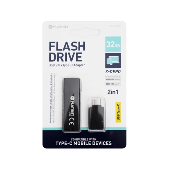 PLATINET Pendrive 32GB, X-Depo, USB 2.0 Fekete + Type-C átalakító