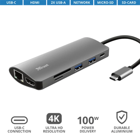 TRUST Hétfunkciós USB-C többportos adapter 23775 (Dalyx 7-in-1 USB-C Multiport Adapter)
