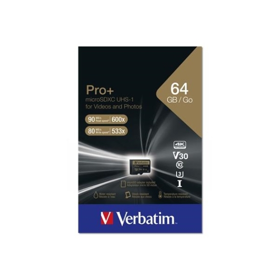 VERBATIM "PRO+" Memóriakártya, microSDXC, 64GB, Class 10 UHS I, adapterrel